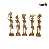 Brass Tribal Lady Set – 7.6 Inch Height | Set of 5 Handcrafted Brass Tribal Lady Figurines for Home Decor & Gifting
